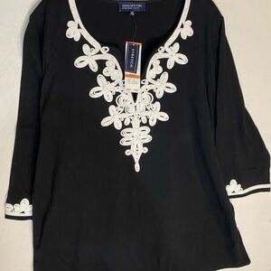 Jones New York Black Tunic with White Embroidery